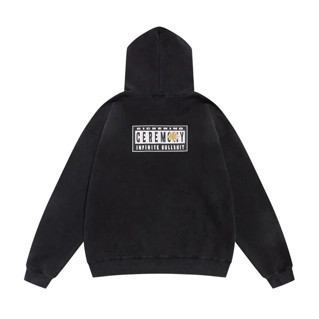 Beautiful SAINT Michael retro tear print distressed washed hooded sweatshirt for men and women. Fabric: 420g Style number: SM630 Size: S-M-L-XL Color: Black Price: P236
